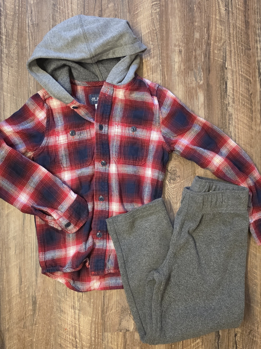 Children's Place Boys Hooded Plaid Flannel Shirt & Fleece Pants Outfit Set 5/6